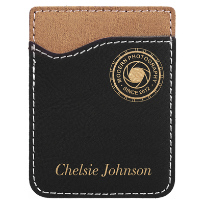 Real estate promotional gift of custom branded black phone wallet engraved in gold