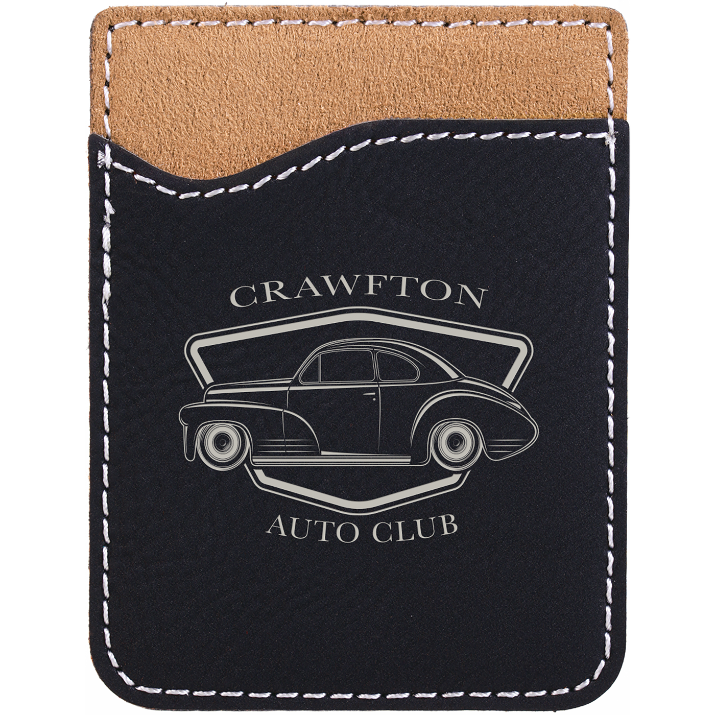 Real estate promotional gift of custom branded black phone wallet engraved in silver