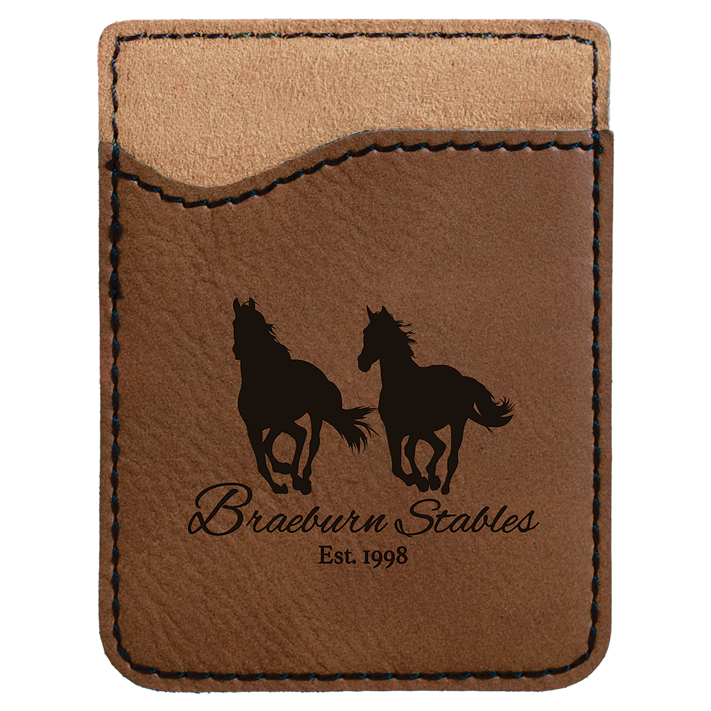 Real estate promotional gift of custom branded dark brown phone wallet engraved in black