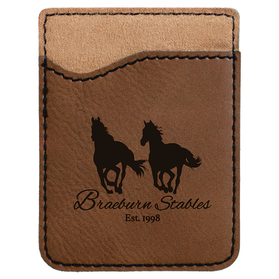 Real estate promotional gift of custom branded dark brown phone wallet engraved in black