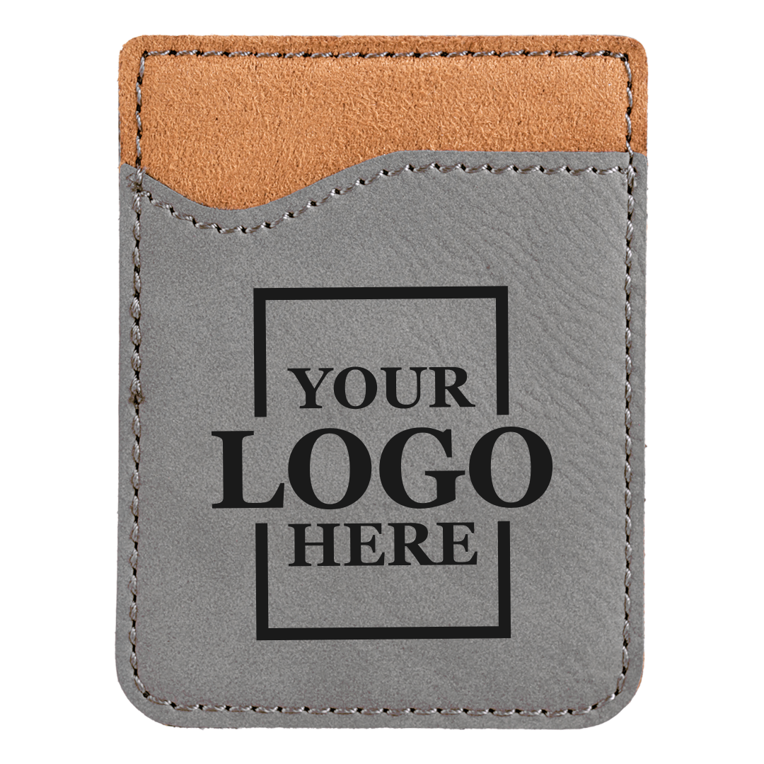 Real estate promotional gift of custom branded gray phone wallet engraved in black