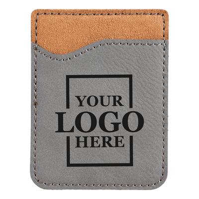 Real estate promotional gift of custom branded gray phone wallet engraved in black