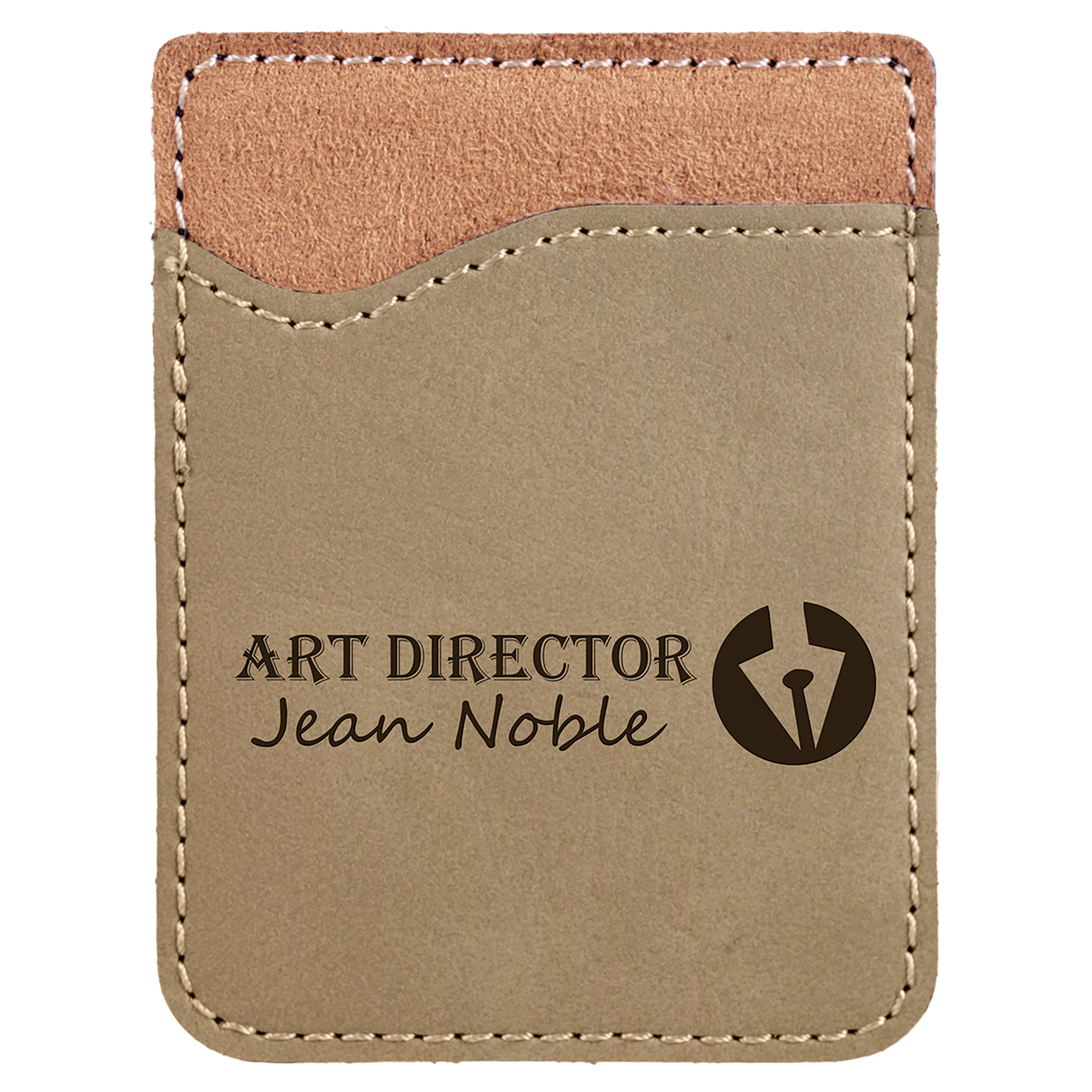 Real estate promotional gift of custom branded light brown phone wallet engraved in black