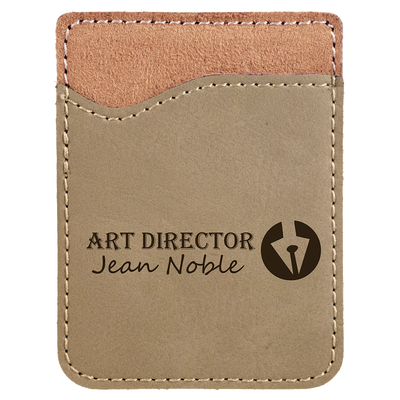 Real estate promotional gift of custom branded light brown phone wallet engraved in black