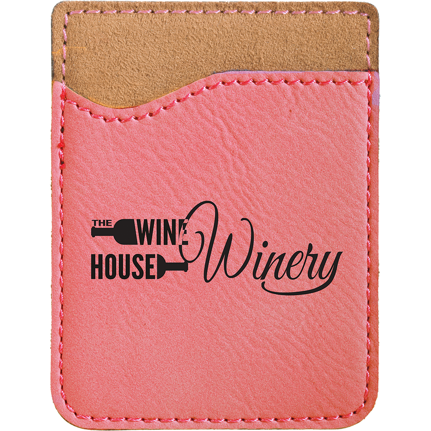 Real estate promotional gift of custom branded pink phone wallet engraved in black