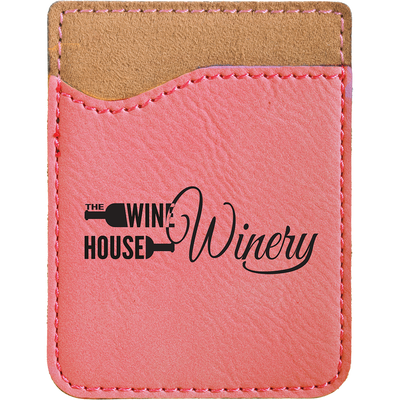 Real estate promotional gift of custom branded pink phone wallet engraved in black