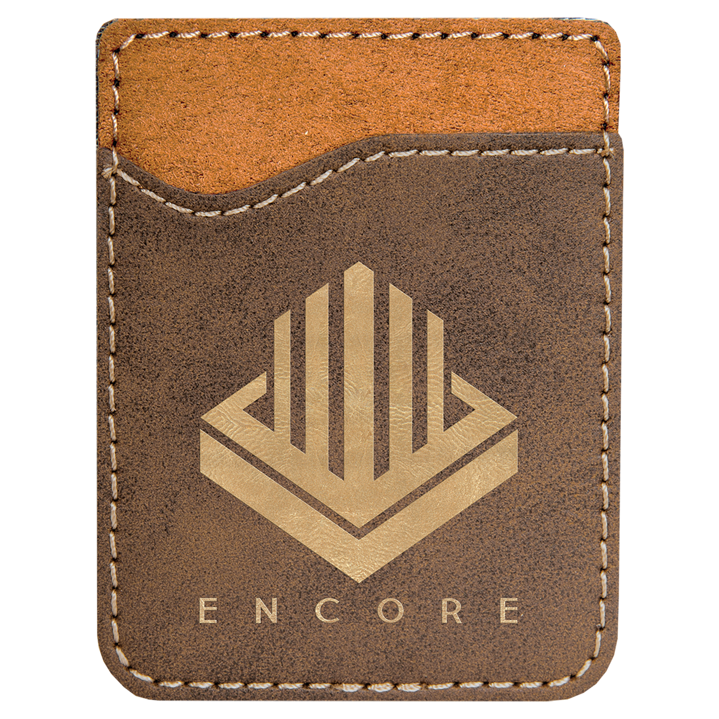 Real estate promotional gift of custom branded rustic phone wallet engraved in gold
