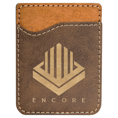 Real estate promotional gift of custom branded rustic phone wallet engraved in gold
