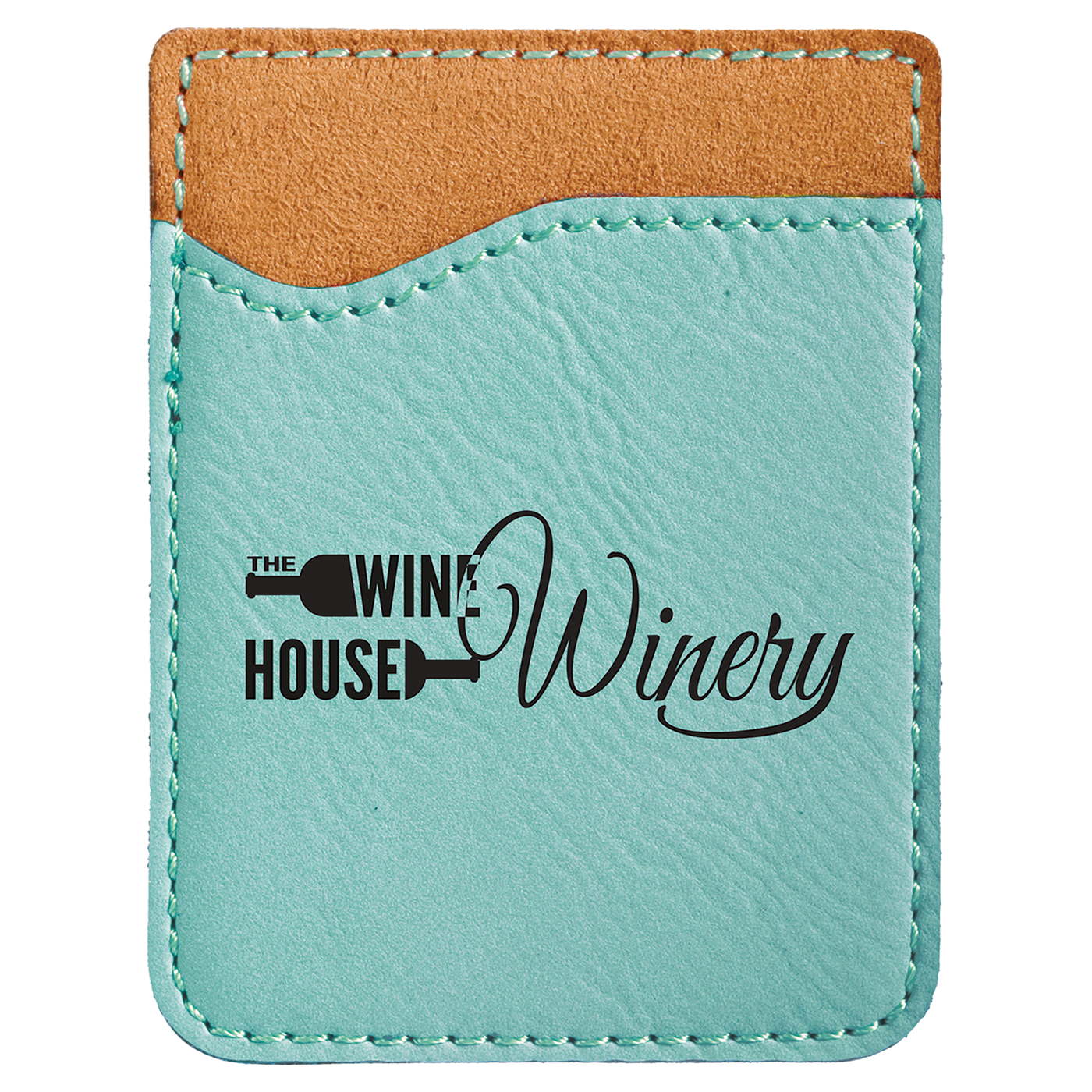 Real estate promotional gift of custom branded teal phone wallet engraved in black