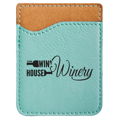 Real estate promotional gift of custom branded teal phone wallet engraved in black