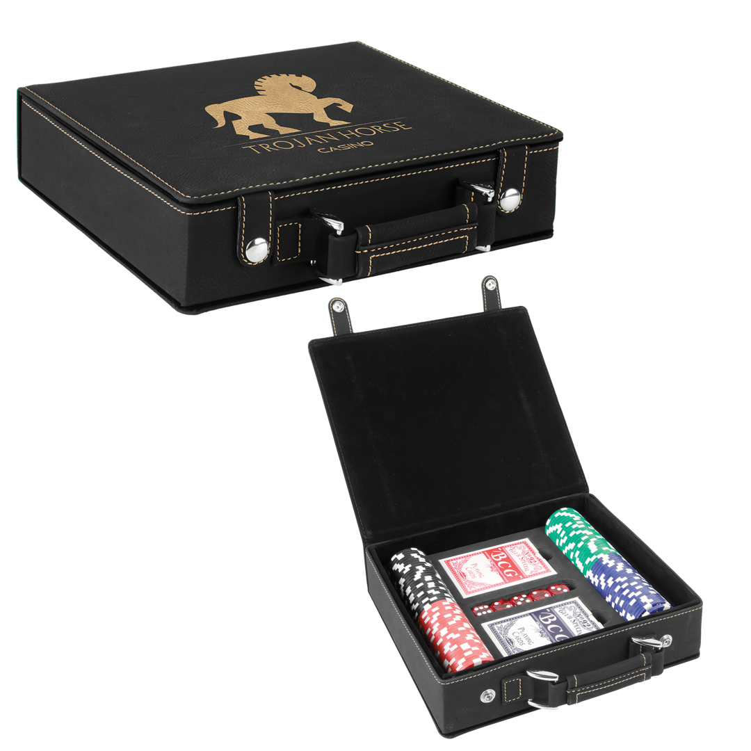 Real estate closing gift leatherette 100 chip poker set shown in black with gold engraving