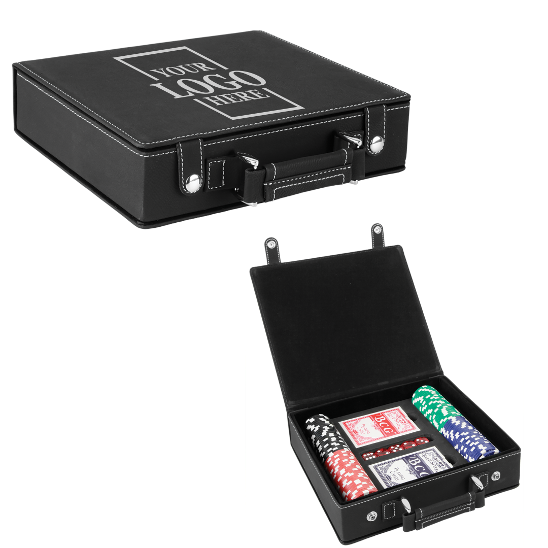 Real estate closing gift leatherette 100 chip poker set shown in black with silver engraving