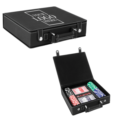 Real estate closing gift leatherette 100 chip poker set shown in black with silver engraving