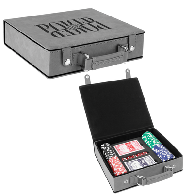 Real estate closing gift leatherette 100 chip poker set shown in gray with black engraving