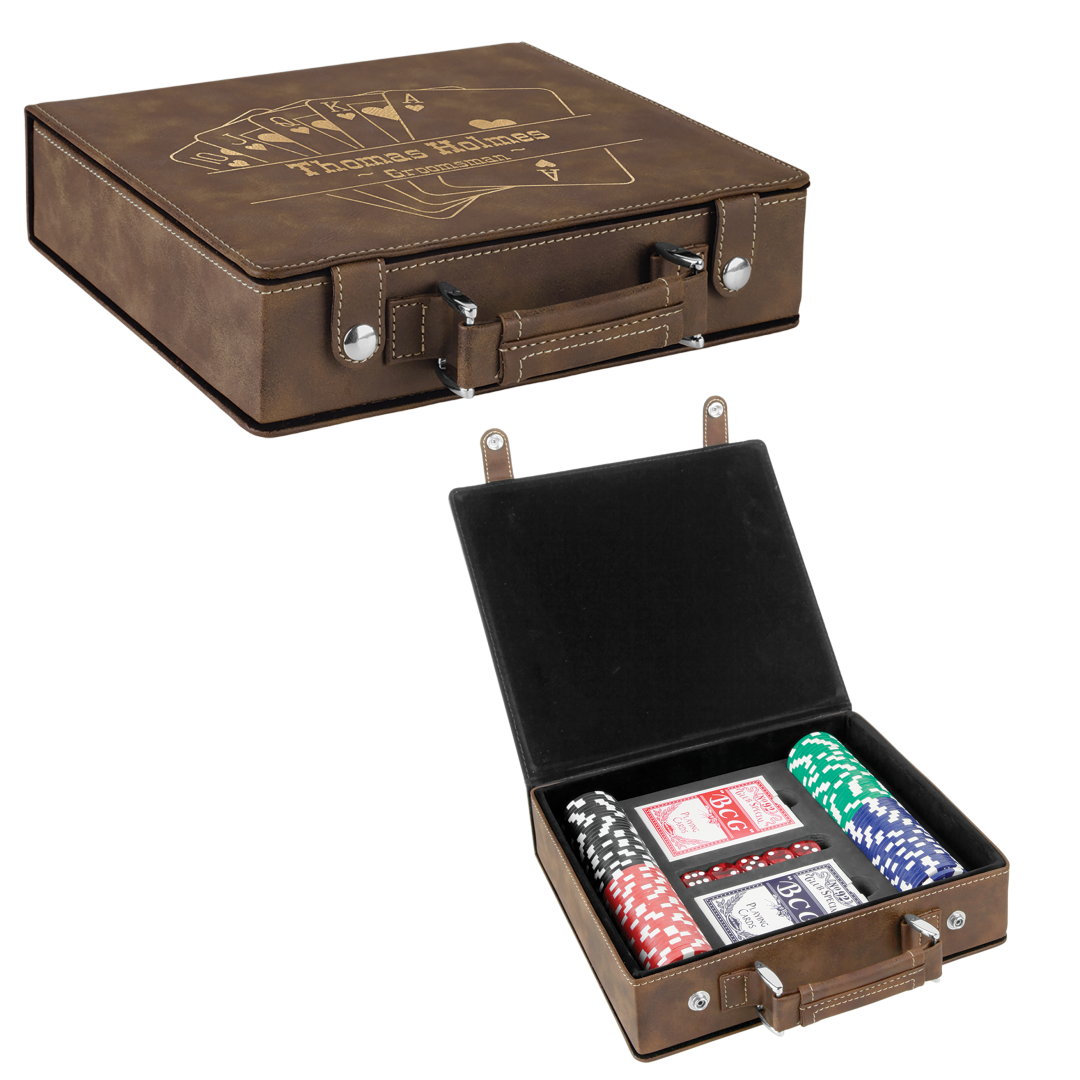 Real estate closing gift leatherette 100 chip poker set shown in rustic with gold engraving