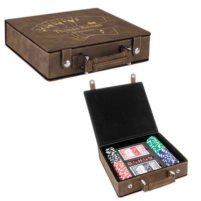 Real estate closing gift leatherette 100 chip poker set shown in rustic with gold engraving