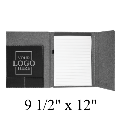 Real estate promotional gift of black and gray leatherette and canvas portfolio with notepad engraved with silver, showing inside