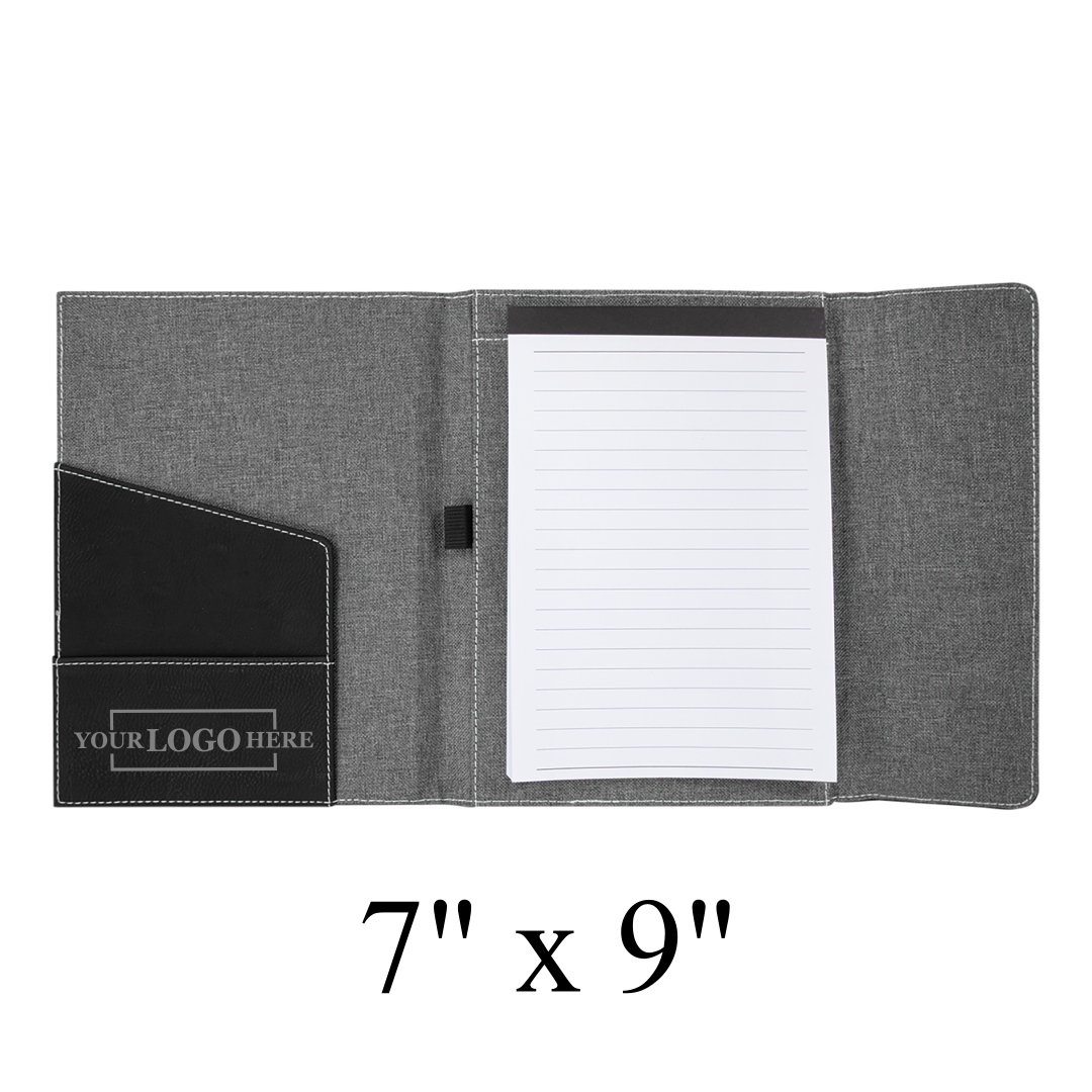 Real estate promotional gift of gray and black leatherette and canvas portfolio with notepad engraved with silver, showing inside