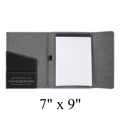 Real estate promotional gift of gray and black leatherette and canvas portfolio with notepad engraved with silver, showing inside