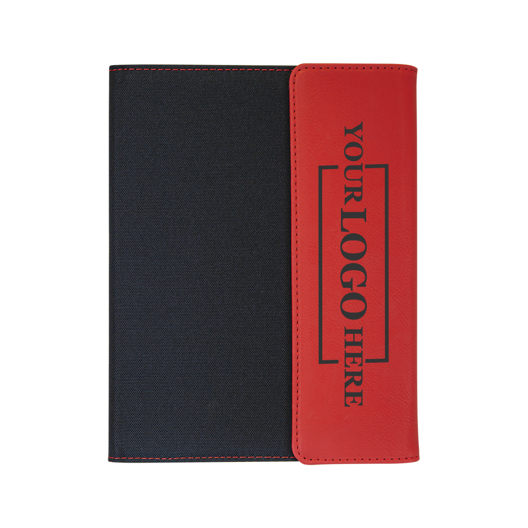 Real estate promotional gift of a black and red leatherette portfolio with notepad engraved with black