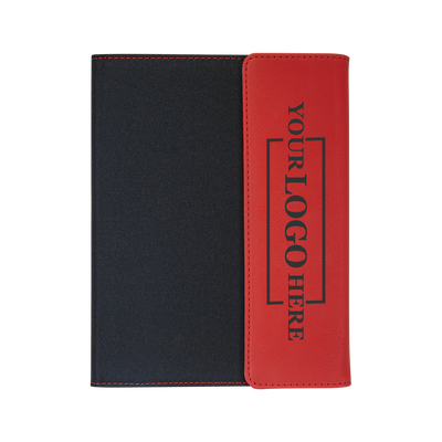 Real estate promotional gift of a black and red leatherette portfolio with notepad engraved with black