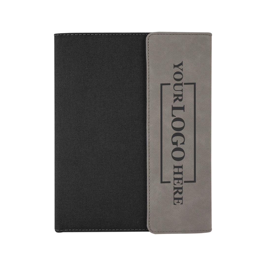 Real estate promotional gift gray leatherette and canvas portfolio with notepad engraved with black