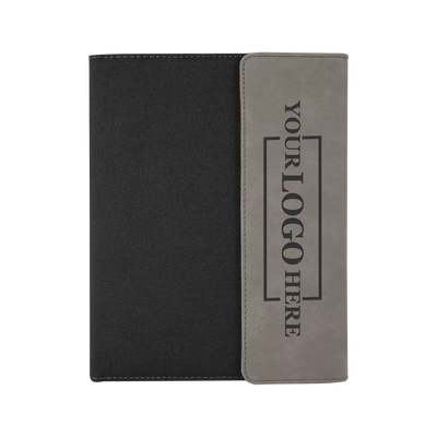 Real estate promotional gift gray leatherette and canvas portfolio with notepad engraved with black