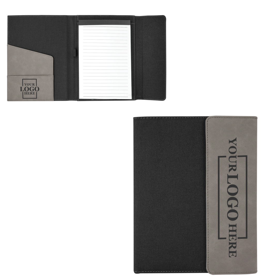 Real estate promotional gift gray and black leatherette and canvas portfolio with notepad engraved with black 