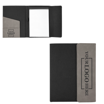 Real estate promotional gift gray and black leatherette and canvas portfolio with notepad engraved with black 