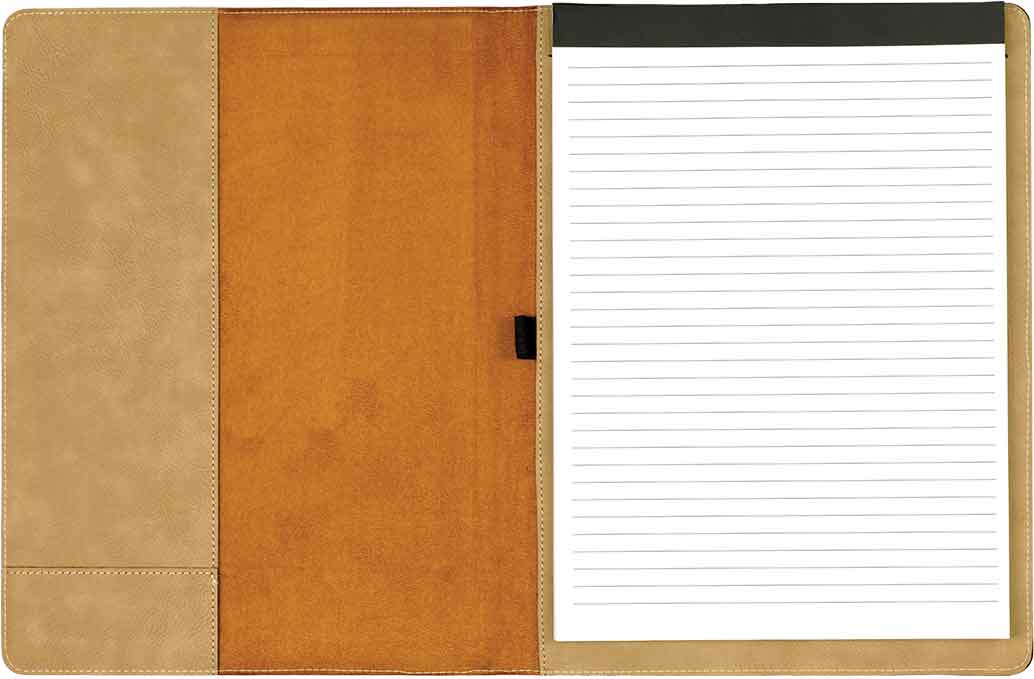 Real estate promotional gift light brown leatherette and canvas portfolio with notepad engraved with black showing the inside