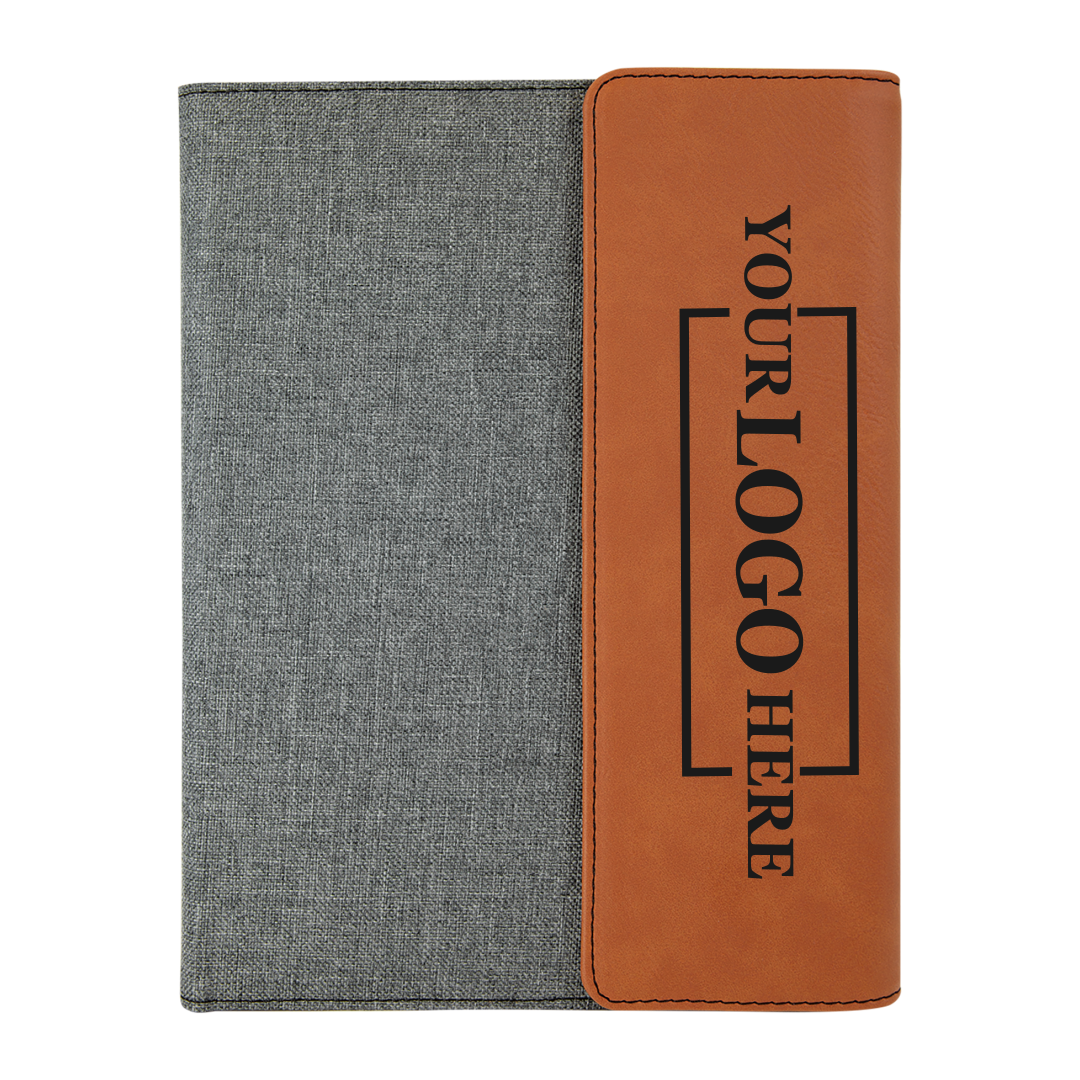 Real estate promotional gift of rawhide and black leatherette and canvas portfolio with notepad engraved with black 