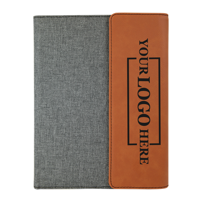 Real estate promotional gift of rawhide and black leatherette and canvas portfolio with notepad engraved with black 