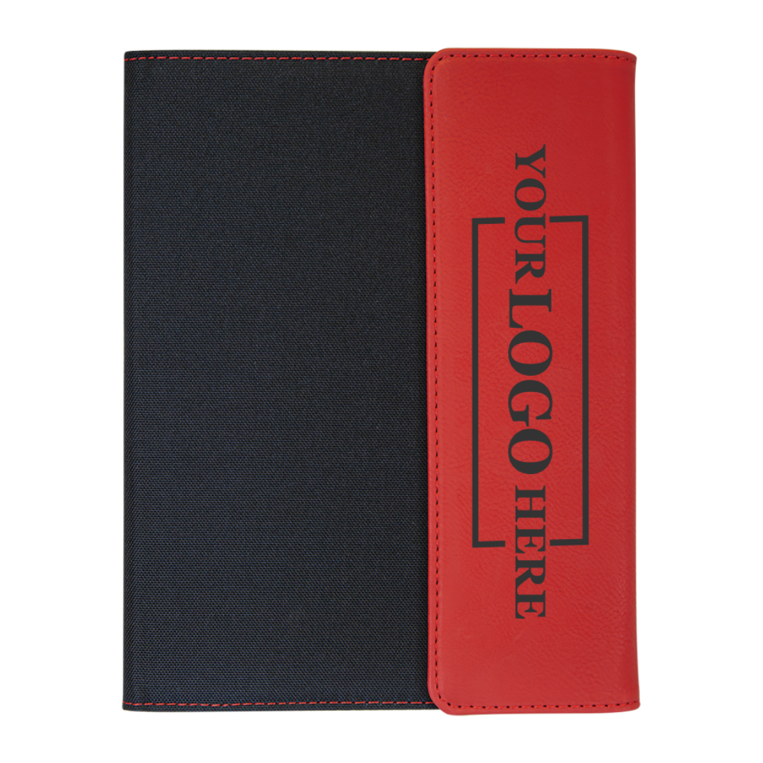 Real estate promotional gift of red and black leatherette and canvas portfolio with notepad engraved with black