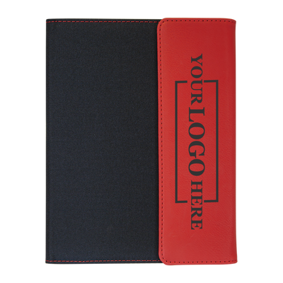 Real estate promotional gift of red and black leatherette and canvas portfolio with notepad engraved with black