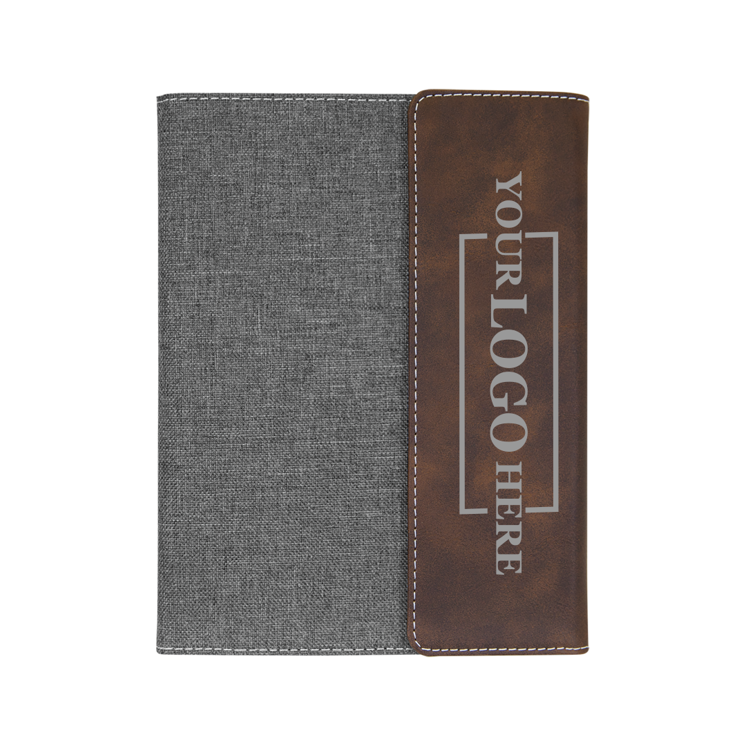 Real estate promotional gift of a gray and rustic leatherette portfolio with notepad engraved with silver