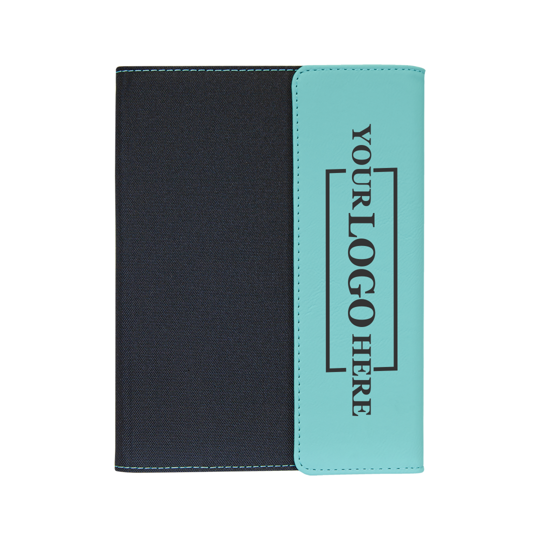 Real estate promotional gift teal leatherette and canvas portfolio with notepad engraved with black 
