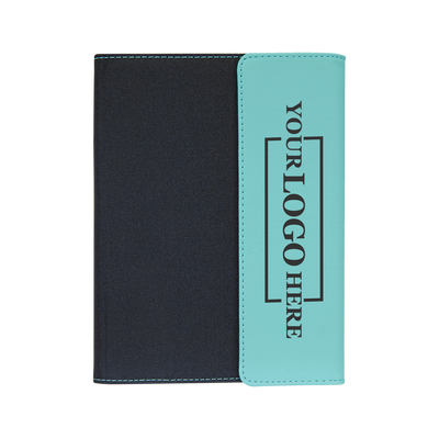 Real estate promotional gift teal leatherette and canvas portfolio with notepad engraved with black 