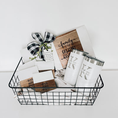 Real estate gift of rectangle gift basket 1 with design 4 on board and coasters, and design 2 on 2 20 oz tumblers