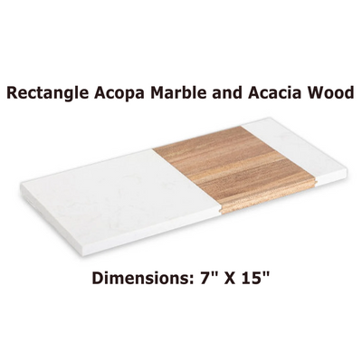 Real estate bulk gift of a marble and acacia wood rectangle cutting board