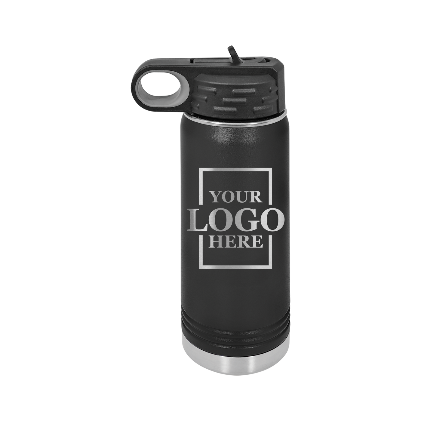 Real estate gift of 20 oz water bottle in black with silver engraving