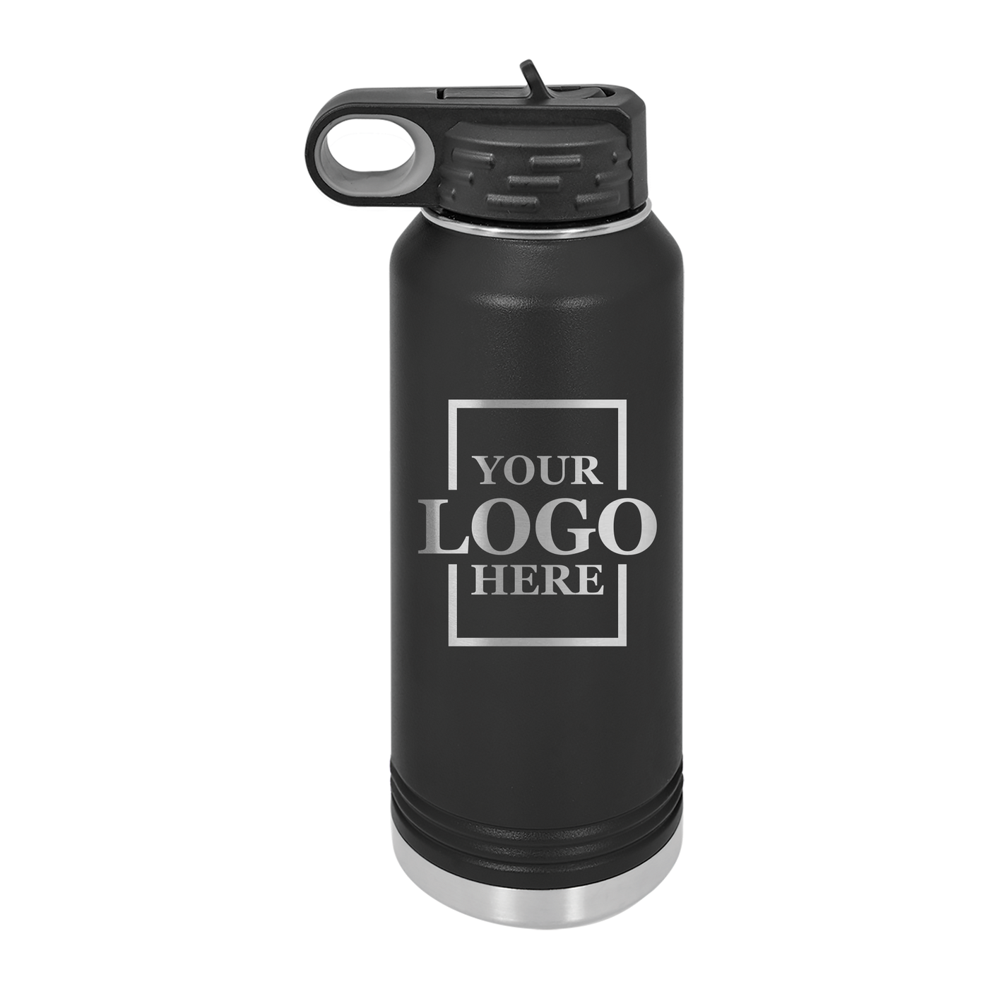 Real estate gift of 32 oz water bottle in black with silver engraving