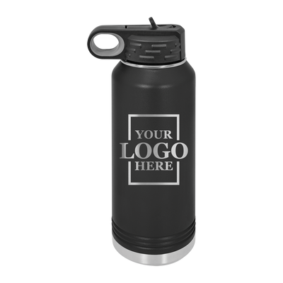 Real estate gift of 32 oz water bottle in black with silver engraving