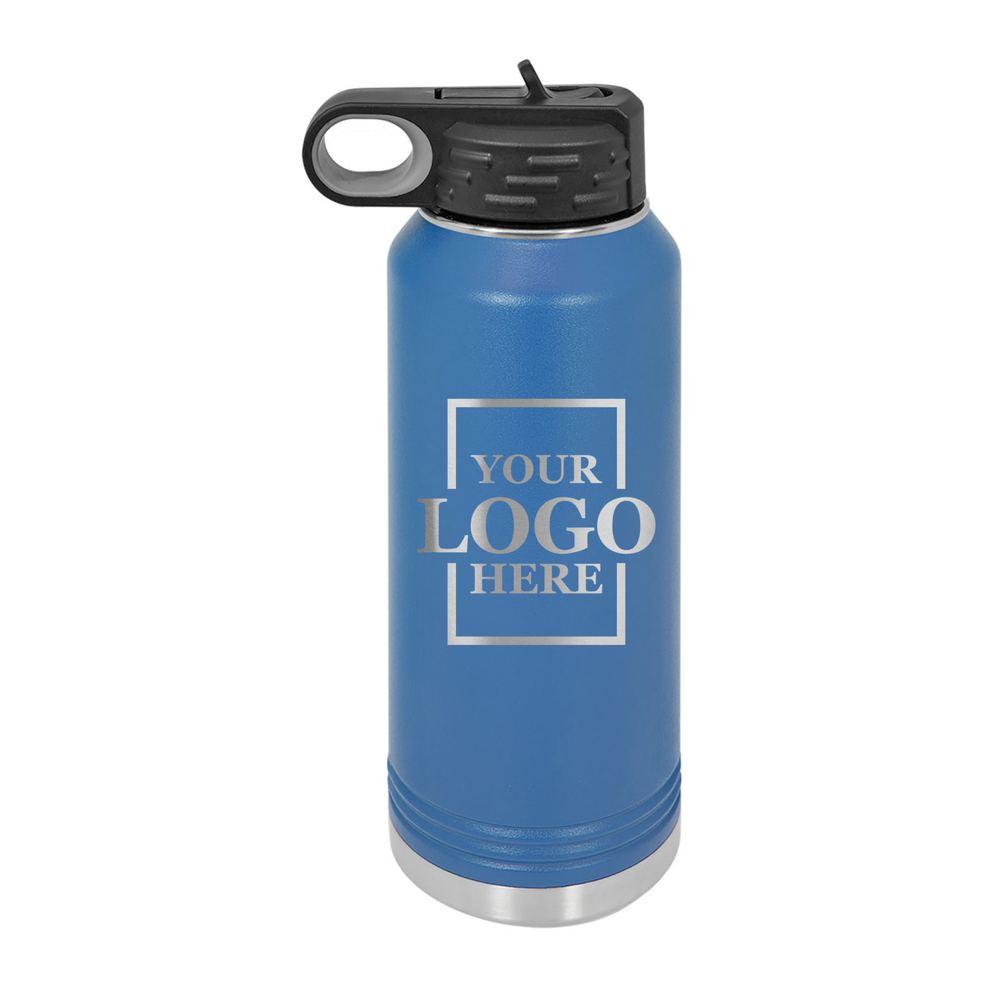 Real estate gift of 32 oz water bottle in blue with silver engraving