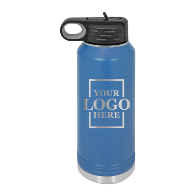 Real estate gift of 32 oz water bottle in blue with silver engraving