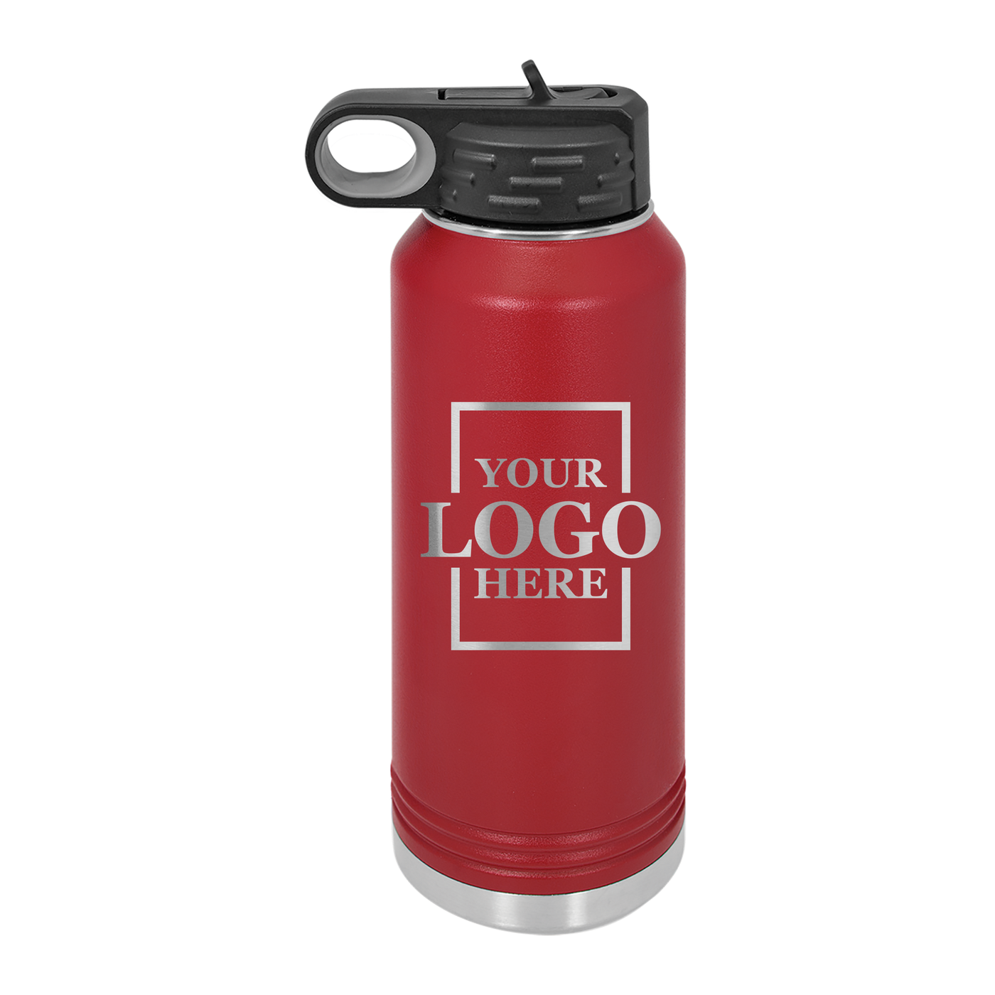 Real estate gift of 32 oz water bottle in burgundy with silver engraving
