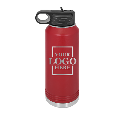 Real estate gift of 32 oz water bottle in burgundy with silver engraving