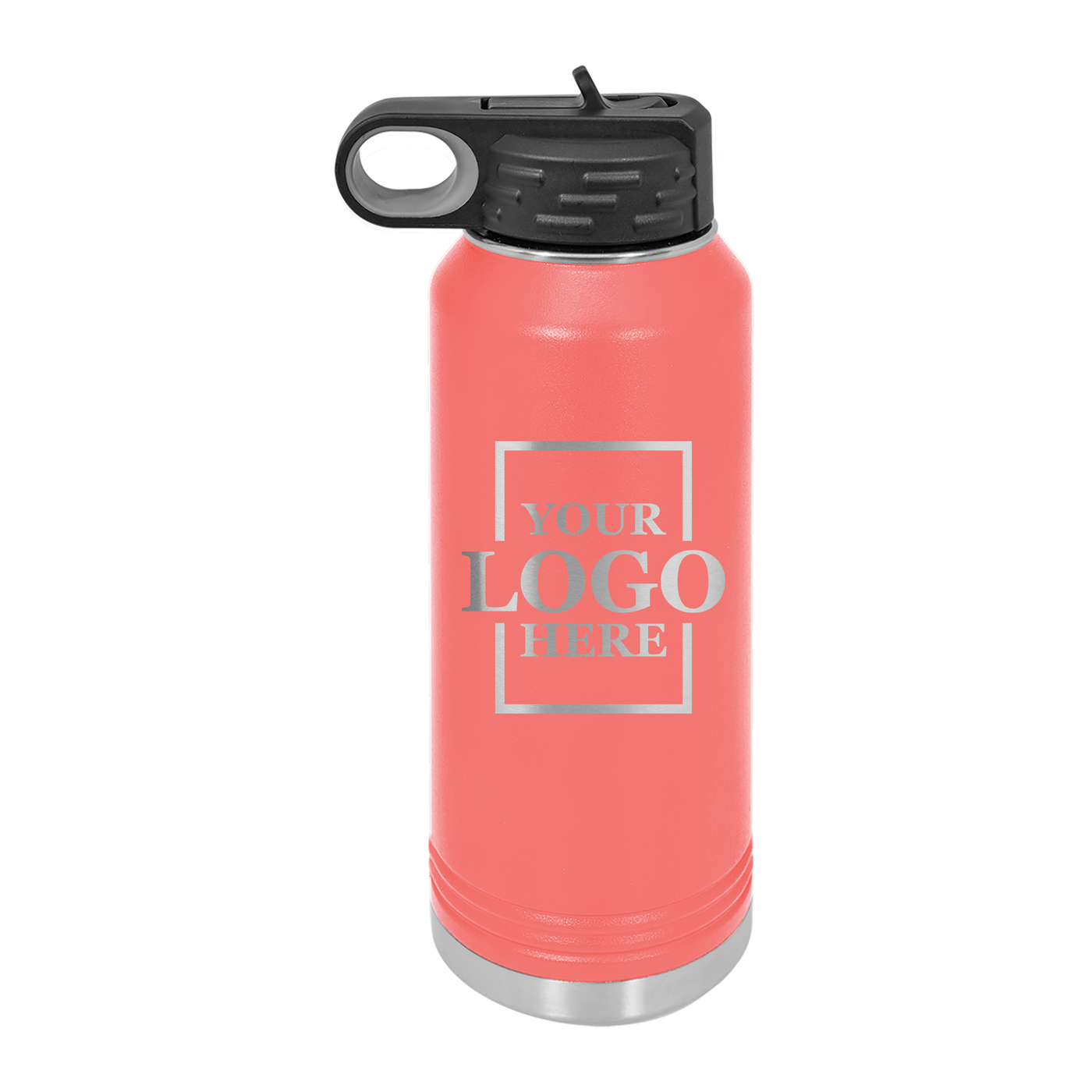 Real estate gift of 32 oz water bottle in coral with silver engraving