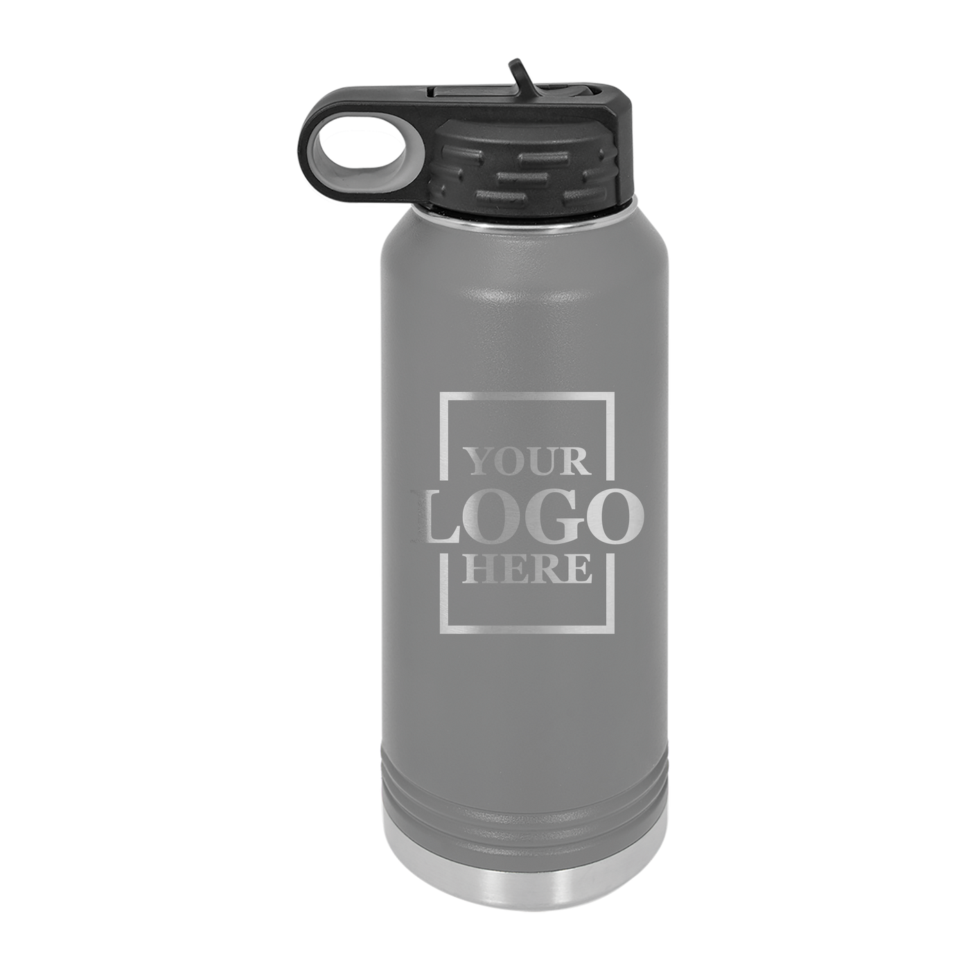 Real estate gift of 32 oz water bottle in gray with silver engraving