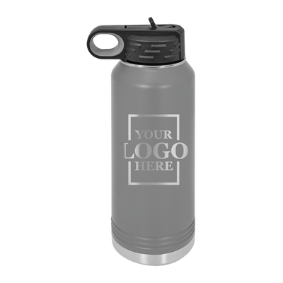 Real estate gift of 32 oz water bottle in gray with silver engraving