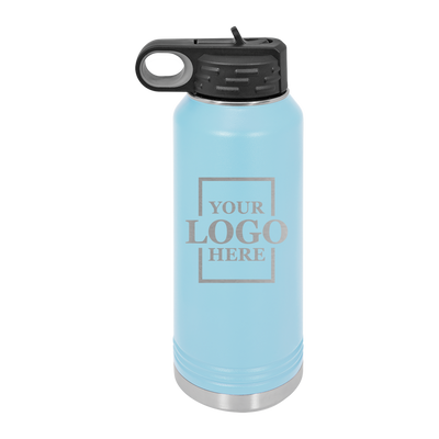Real estate gift of 32 oz water bottle in light blue with silver engraving